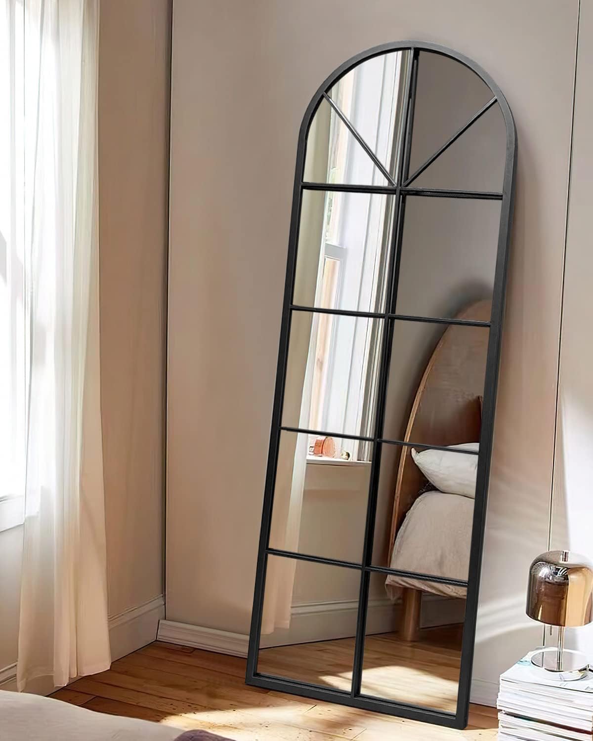 Floor Full Length Mirror, Black Arched-Top Mirror Full Length, Large Window Pane Body Mirrors, 65"x22" Wall Mounted Standing Mirrors Hanging or Leaning for Bedroom, No Stand