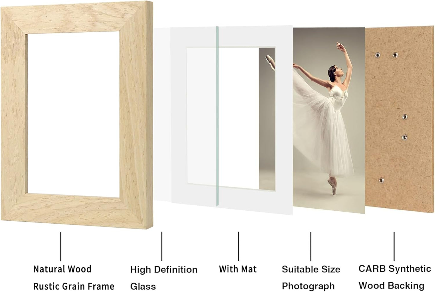 iRahmen 4x6 Picture Frame Set of 2, Wood Photo Frame with HD Glass - Display Pictures 3.5x5 with Mat or 4 x 6 without Mat for Horizontal or Vertical Tabletop and Wall Mounting