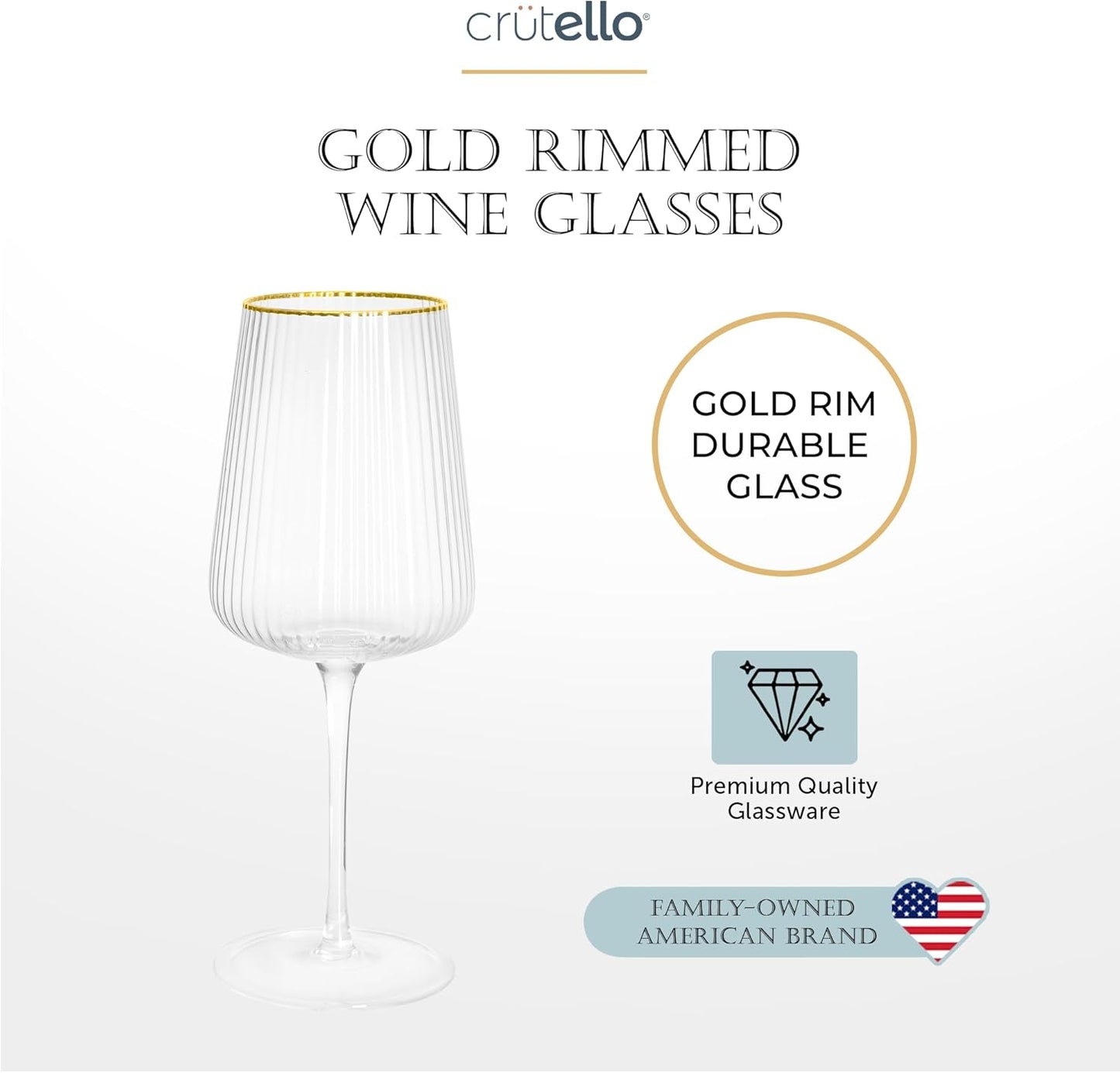 Crutello Modern Wine Glasses - 17 oz Unique Fluted Glassware with Vintage Ribbed Glassware Texture and Gold Rim, Art Deco Red or Fancy White Wine Glasses - Set of 4