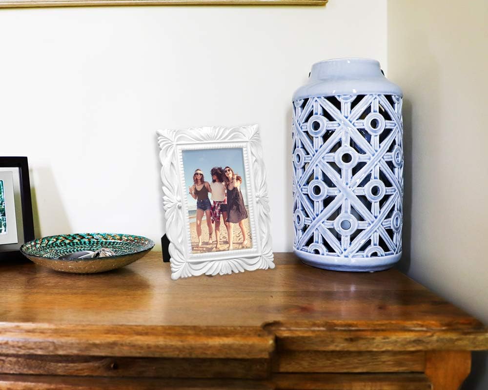 Isaac Jacobs 4x6 White Wave Textured Hand-Crafted Resin Picture Frame with Easel & Hook for Tabletop & Wall Display, Decorative Swirl Design Home Décor, Photo Gallery, Art, More (4x6, White)