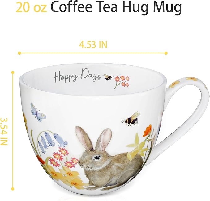 20 oz Rabbit Coffee Hug Mug, Spring Flowers & "Happy Days" Slogan, Premium Bone China Cute Bunny Mug, Perfect Holiday and Birthday Gift for Women, Designed in England by Harvest Green Studio