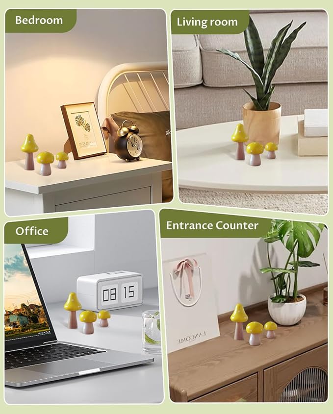 3Pcs Mushroom Decor Wooden Mini Figures Fairy Garden Accessories 2.9in 1.8in 1.2in Cute Miniature Mushrooms Home Decor for Bedroom Office Bonsai Fairy Garden Yellow