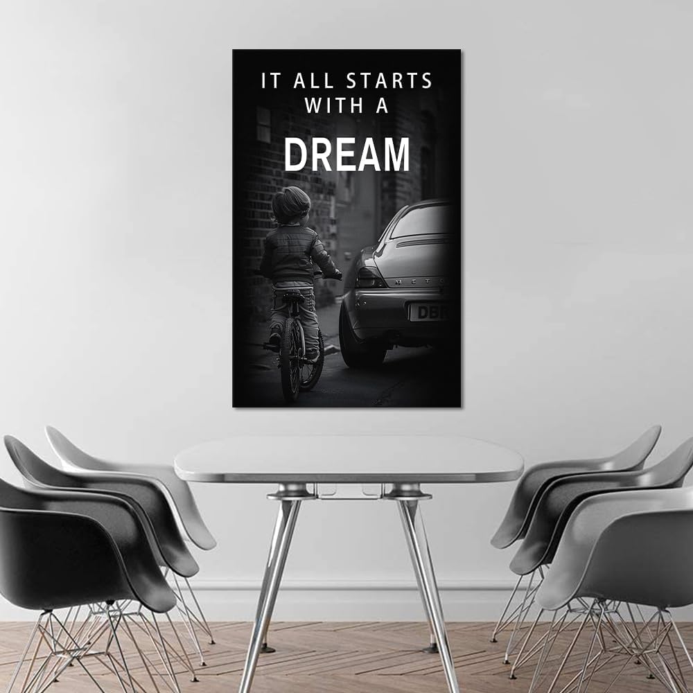 Large Inspirational Office Poster Canvas Wall Art It All Starts with A Dream Motivational Signs for Office School Black White Creative Nordic Positive Artwork Workplace Gym Decor Framed Art-28 inch x