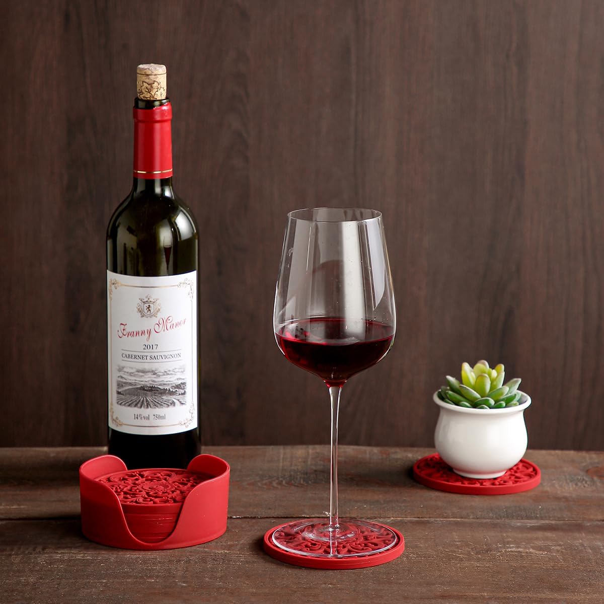 Colinda Silicone Coasters - Set of 6 with Holder, Non-Slip Cup Mats for Hot and Cold Drinks, Decorative Designs, Gift Ready Packaging,Merlot Red