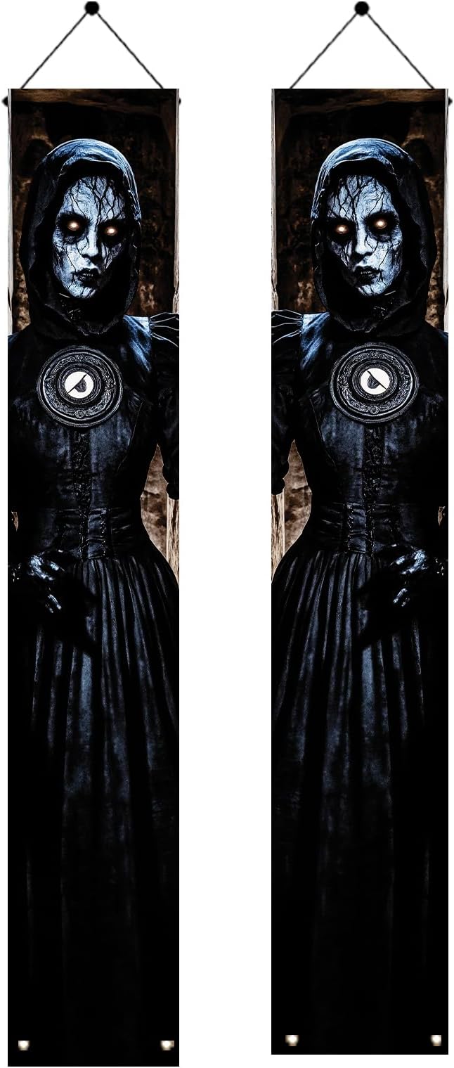2PCS Halloween Porch Banner Gothic Ghost Lady Vertical Hanging Decorations for Front Door Haunted House Scary Door Sign Spooky Wall Decor Creepy Entrance Party Backdrop 71 x 12 Inch