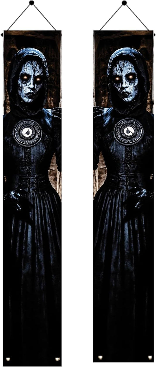 2PCS Halloween Porch Banner Gothic Ghost Lady Vertical Hanging Decorations for Front Door Haunted House Scary Door Sign Spooky Wall Decor Creepy Entrance Party Backdrop 71 x 12 Inch