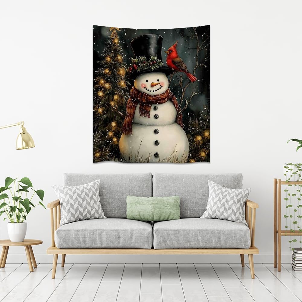 Medpol Christmas Snowman Wall Tapestry Vintage Sparkling Christmas Tree Wall Hanging Winter Cardinal Tapestries for Farmhouse Holiday Decor Apartment Dorm Aesthetic 40x60inch