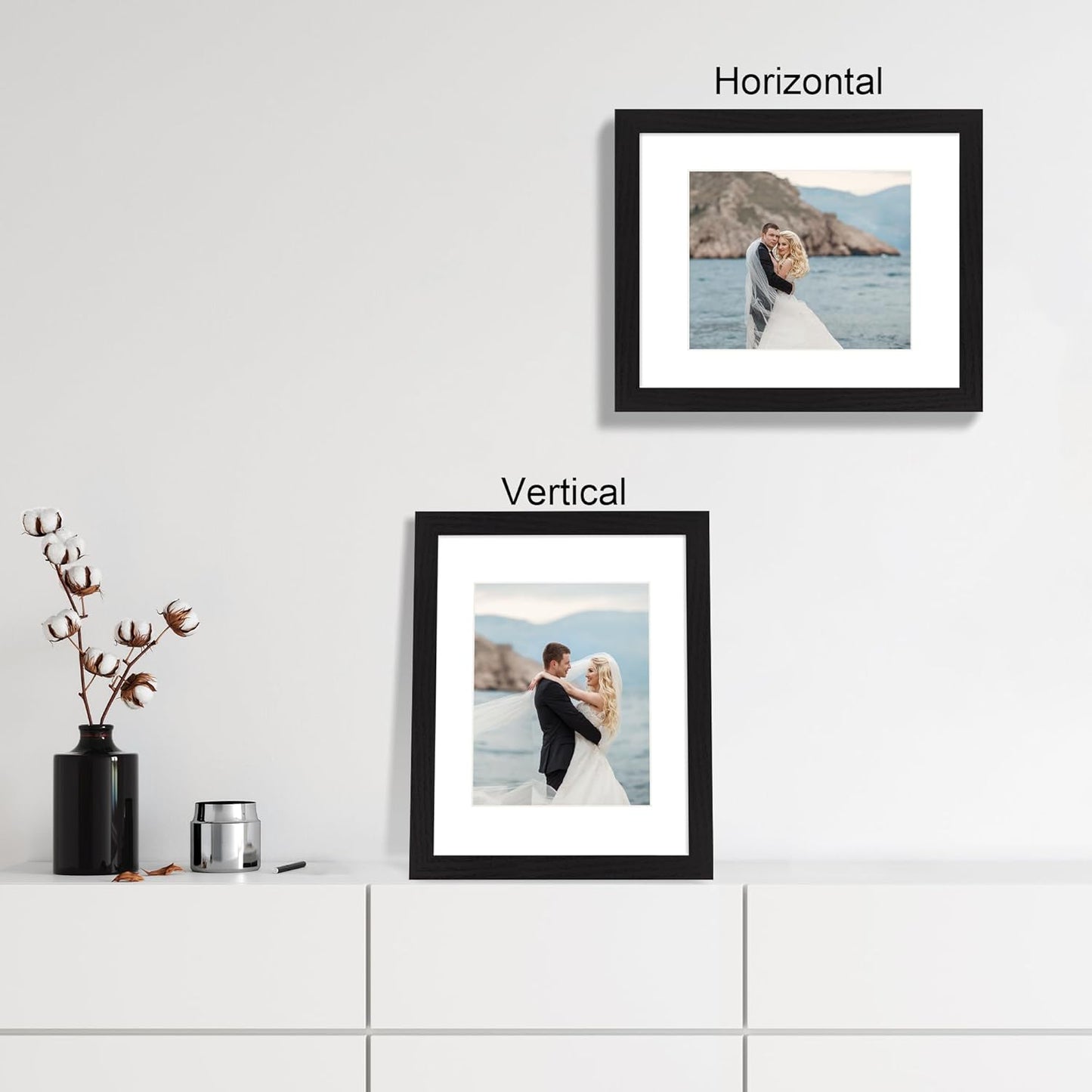 iRahmen 11x14 Picture Frame Set of 4 with Tempered Glass, Black Frame Display 8x10 Picture with Mat or 11 x 14 Without Mat, Rustic Wood Photo Frames for Horizontal or Vertical Wall Mounting