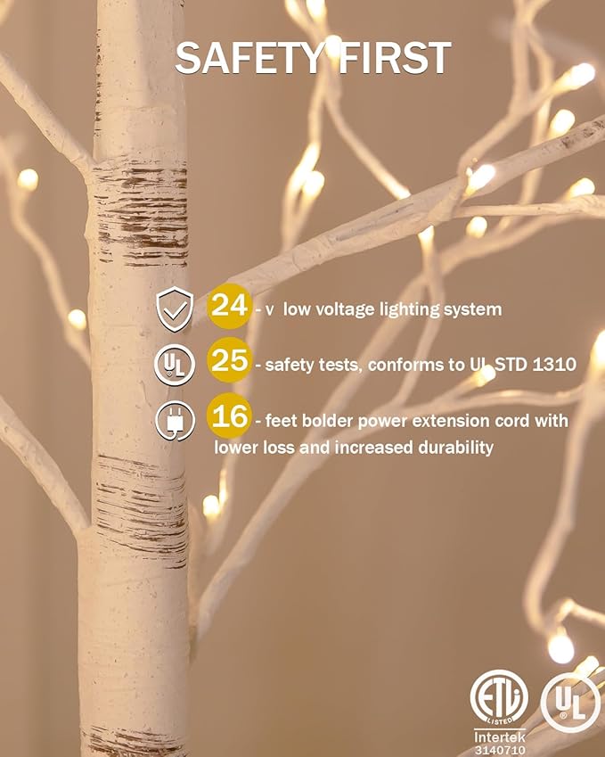 3ft Lighted Birch Tree with 64 Warm White LED Lights for Holiday Decor - Realistic Design, UL Certified, Dimmable, Waterproof - Ideal for Indoor and Outdoor Decoration