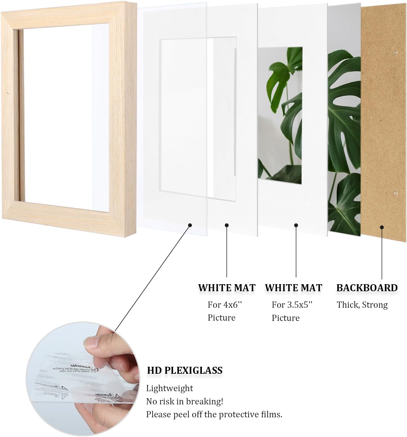 Egofine 4x6 Picture Frames Set of 4, Made of Solid Wood Covered by Plexiglass 3.5x5 with Mat or 4x6 without Mat, for Table Top Display and Wall Mounting Photo Frame Oak Wood