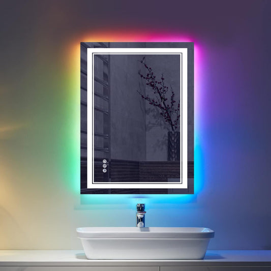 LED Bathroom Mirror, 20x28 inch, Wall Mount, Anti-Fog, RGB Backlit, Front-lit