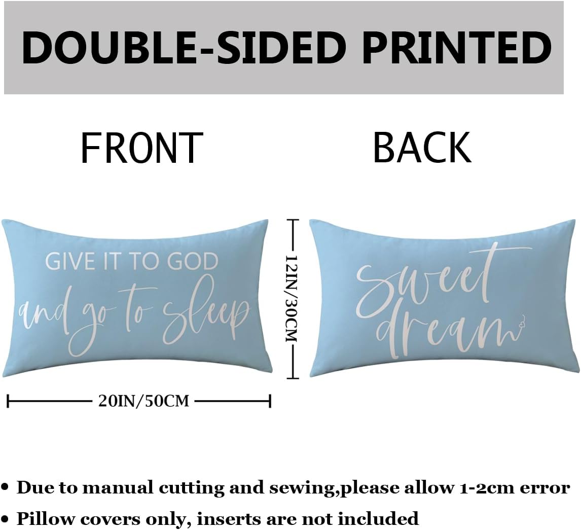 Bedding Decorative Pillowcases Reversible Give It to God and Go to Sleep Cushion Covers Sleep Themed Throw Pillow Covers 12''x20'' for Bedroom Guest Room Housewarming Gifts (Light Blue)