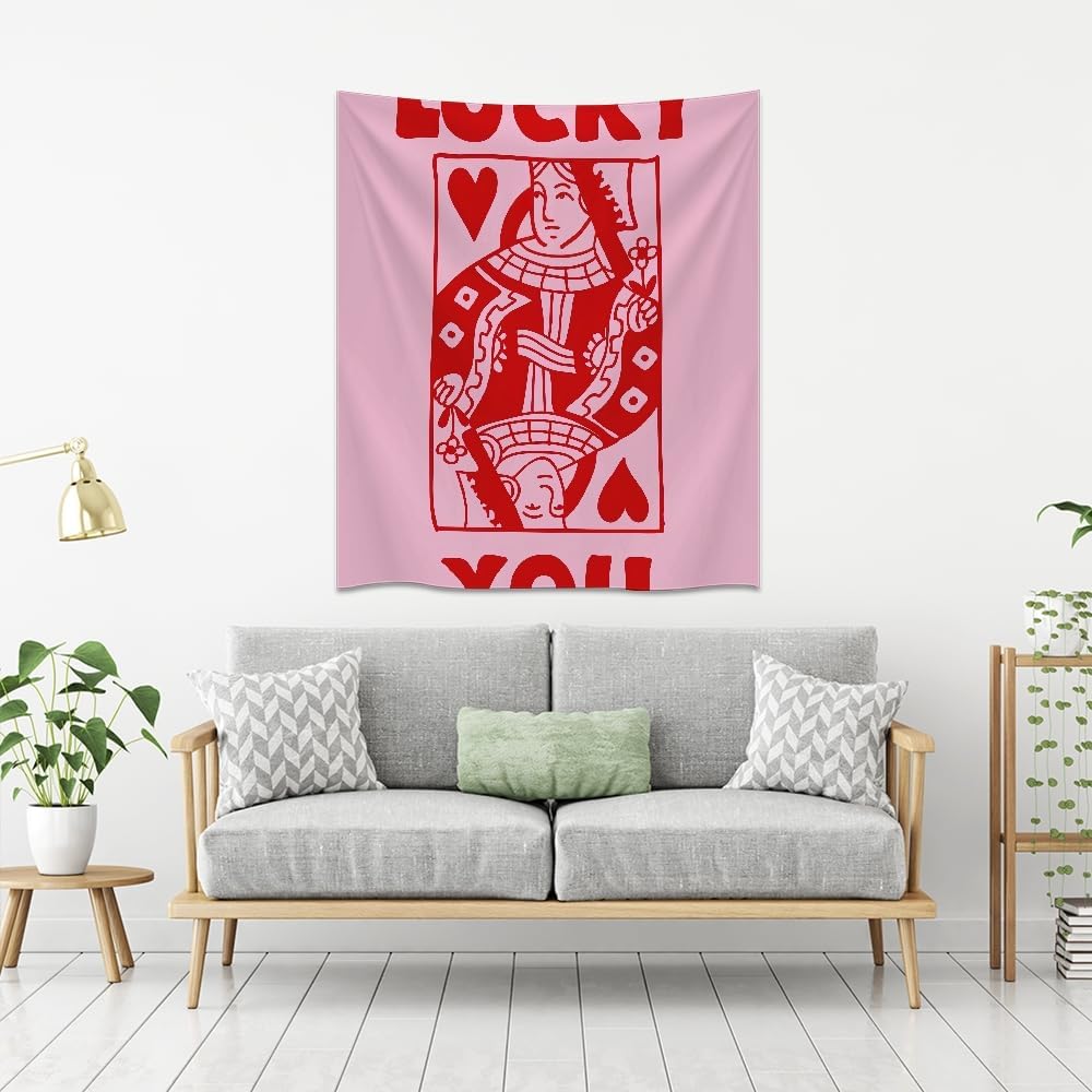 Medpol Retro Lucky You Playing Card Tapestry, Pink Queen of Hearts Wall Hanging, Funky Poker Aesthetic Decor for College Dorm Bedroom Living Room 50x60inch
