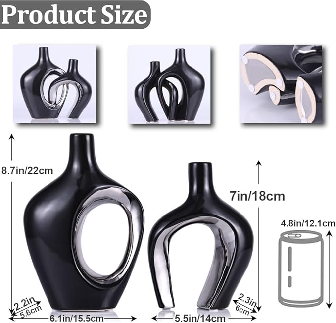 Black and Silver Hollow Ceramic Vase Set of 2, Modern Nordic Boho ins Style Aesthetic Decorative Flower Vase for Home Decor, Wedding, Living, Bedroom, Dining Table, Shelf, Mantle, Office Decor