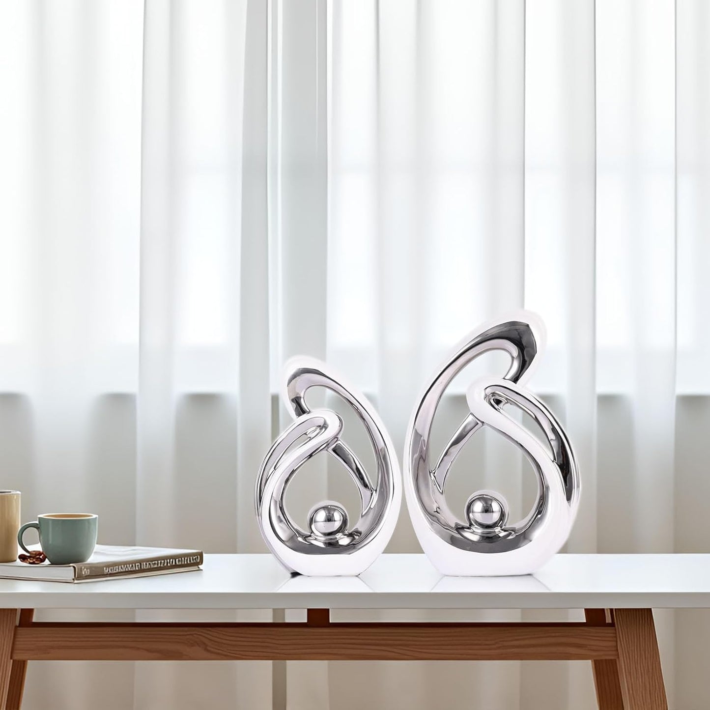 Home Decor Accent,Porcelain Art Mid Century Bookshelf Decorations,Gold Centerpieces for Tables,Abstract Ceramic Statue Sculpture for Coffee Table Mantel Tv Stand Centerpieces (White Silver, Small)