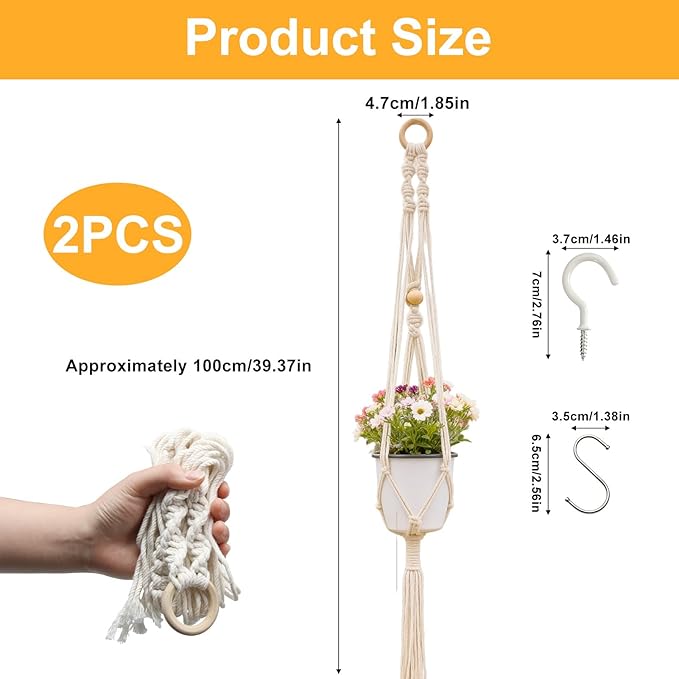 2Pcs 40inch Macrame Plant Hanger with 4 Hooks,Indoor Outdoor Hanging Planter for Plants Holder, Boho Home Decor Ivory