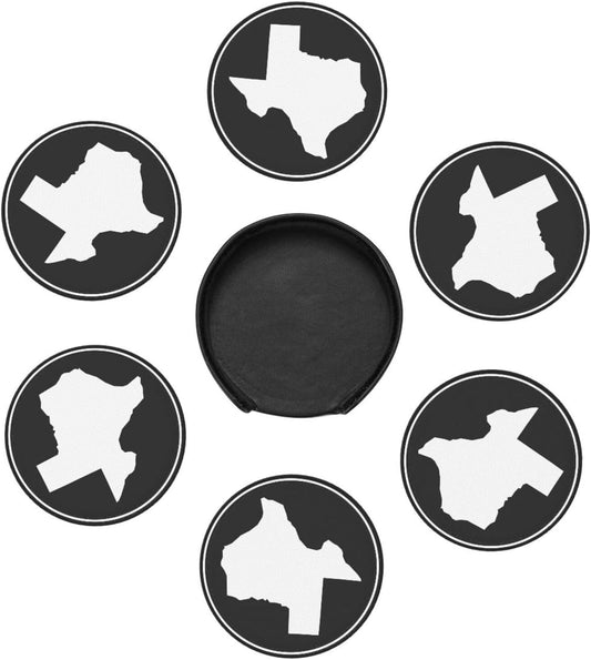 Black and White Texas Flag Leather Drink Coasters Set of 6 with Holder Round Cup Coaster for Table Decor