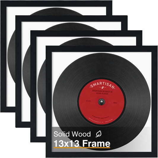 KINLINK 13x13 Picture Frame, Black Square Solid Wood Frames for Pictures 13x13 without Mat and 12.5x12.5 Music Record Album, Wall Display Photo Frames Black 4 Pack