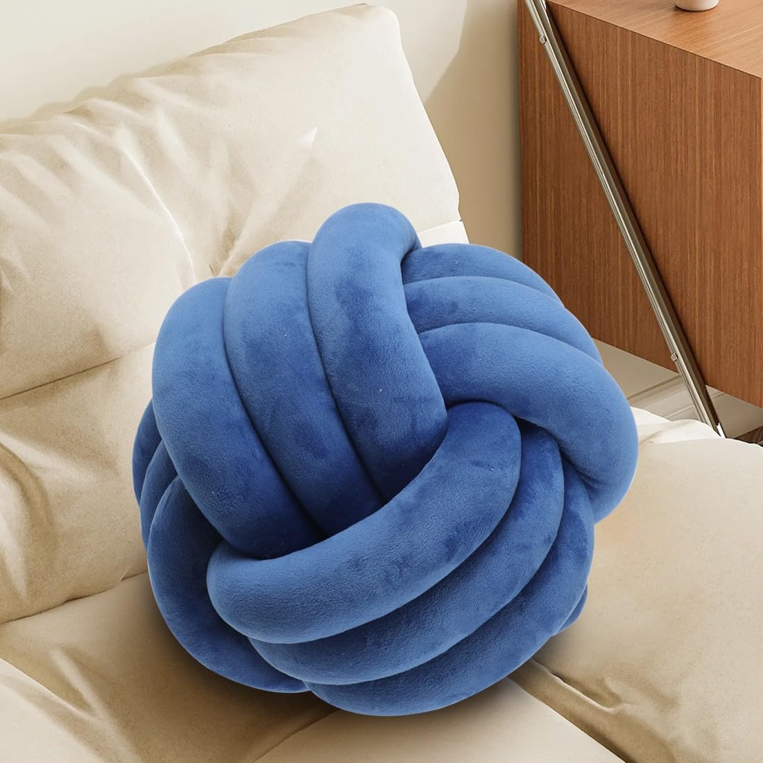 Knot Pillow Ball, Handmade Decorative Throw Pillow, Soft Round Knotted Cushion for Couch & Bedroom, Cute Home Decor, Braided Pillow for Living Room (7.87 Inches, Dark Blue)