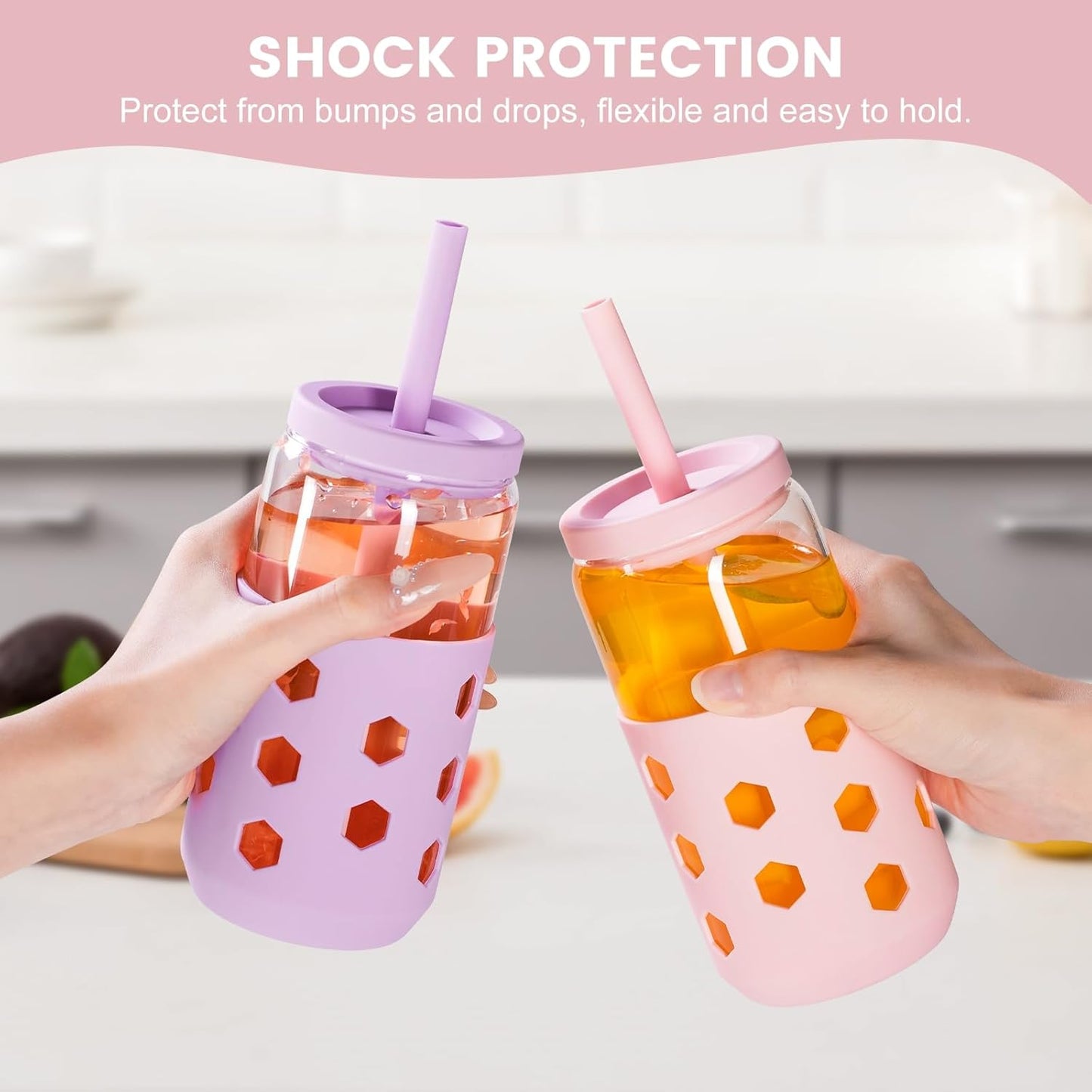 Glass Cups with Silicone Lids and Straws (4 Pcs), 16oz Drinking Glasses Set with Silicone Sleeves for Coffee Bar Accessories Iced Coffee Cups with Lids, Glass Tumbler Reusable for Gifts