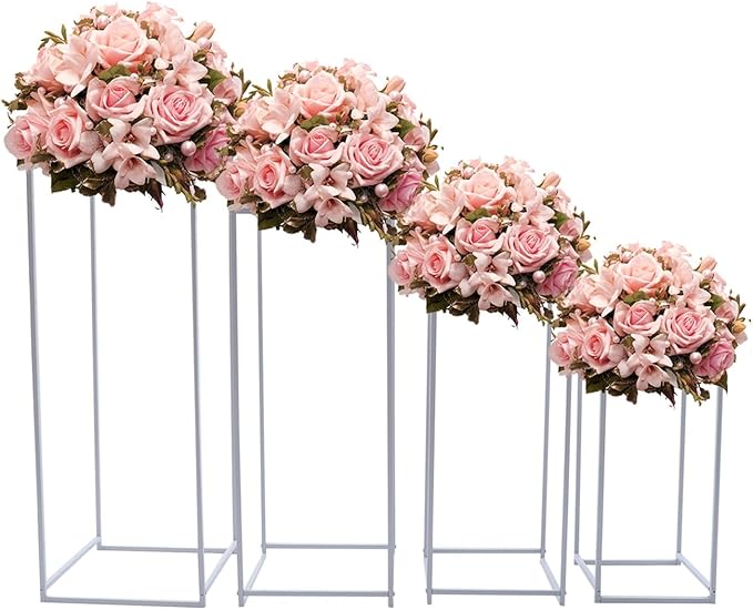 4 Pcs Metal Flower Stand for Wedding Centerpieces Stand Column Vases Wedding Flower Stand Rectangular Geometric Gold Centerpieces Stands for Wedding Decorations Home Party Event (4Pcs white)