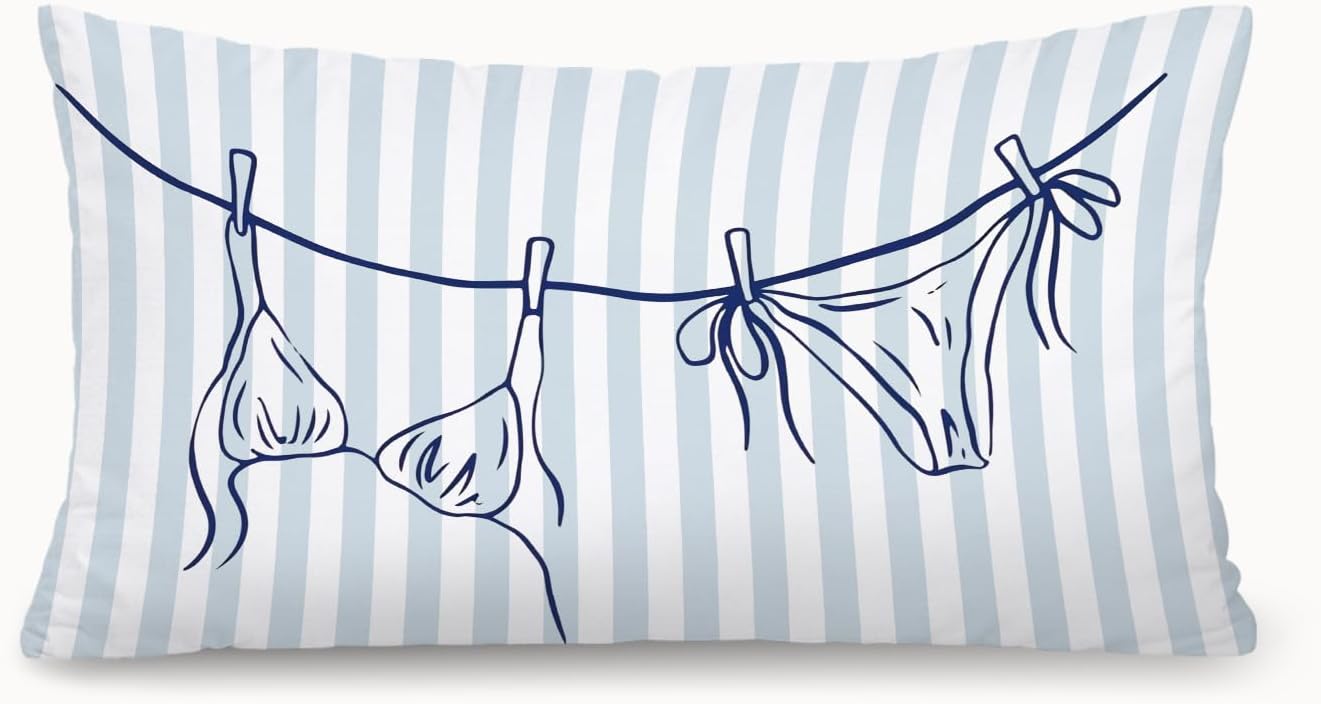 Coastal Beach Girly Room Decor 12x20 Pillow Cover, Preppy Beach Navy Blue Bikini Striped Decorative Lumbar Pillow Covers for Girls Bedroom College Dorm Sofa Couch