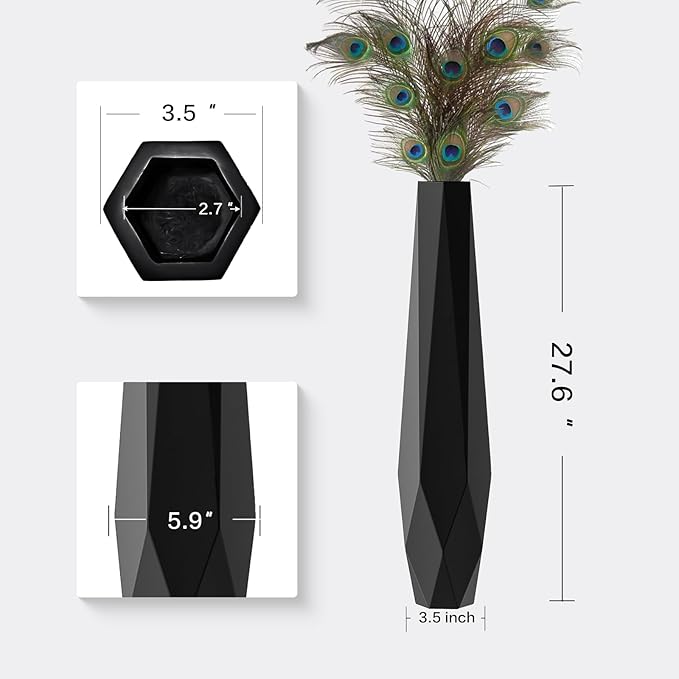 Tall Vases - 27.5" Tall Floor Vase for Home Decor, Resin Floor Vase with Handmade Dimensional Geometric Style, Fits Into Hay/Pampas Grass, Boho Living Room Decor (Black)