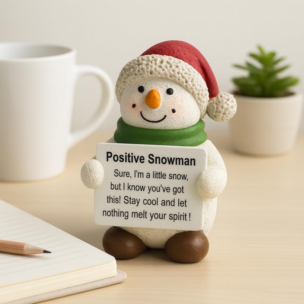 iStatue Positive Snowman Resin Figurine — Hand-Painted Mini Motivational Christmas Decor, Desk Ornament with Sign, Gift-Ready Holiday Stocking Stuffer for Home Office (Multicolor Snowman)