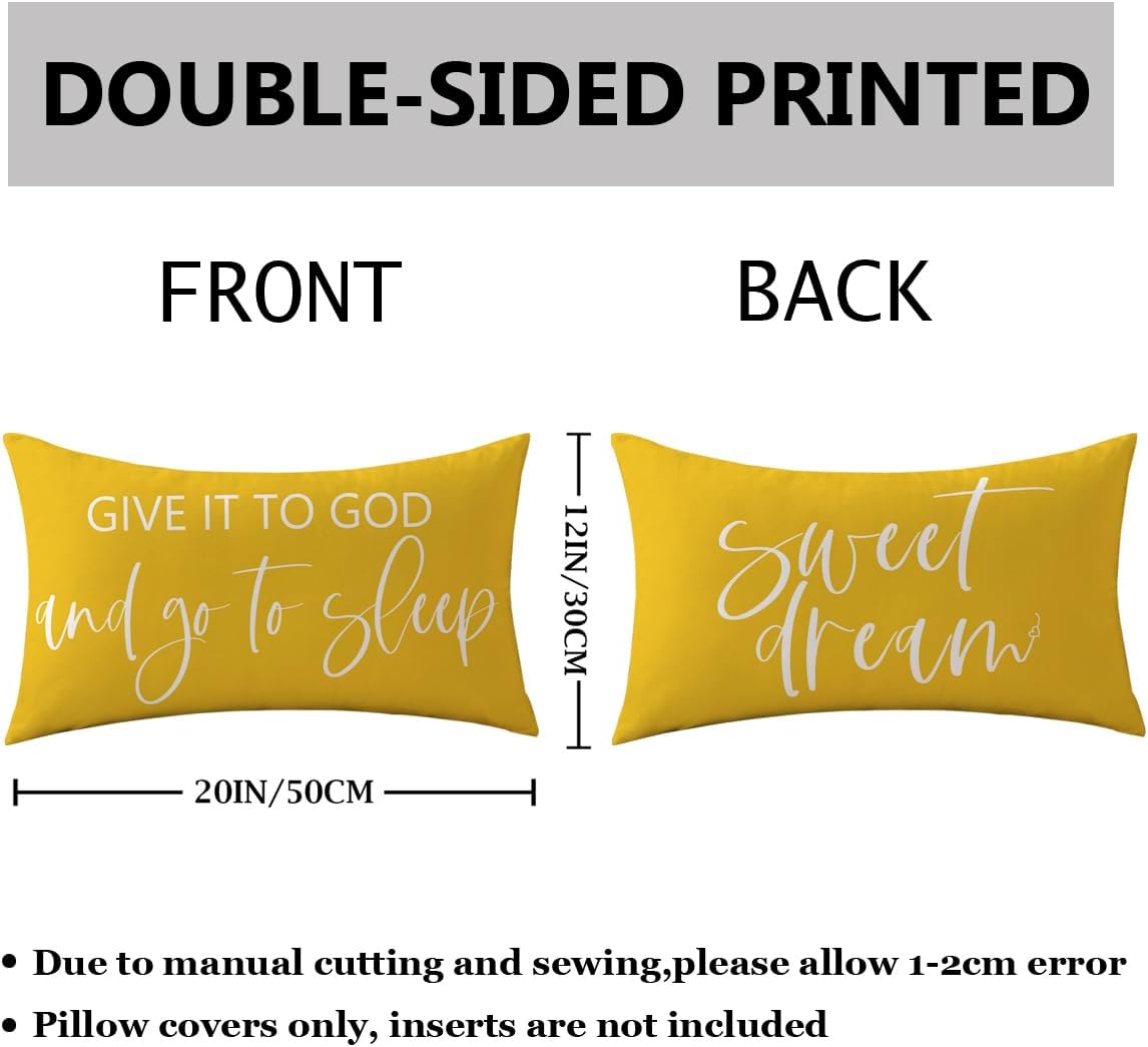 Bedding Decorative Pillowcases Reversible Give It to God and Go to Sleep Cushion Covers Sleep Themed Throw Pillow Covers 12''x20'' for Bedroom Guest Room Housewarming Gifts (Yellow)