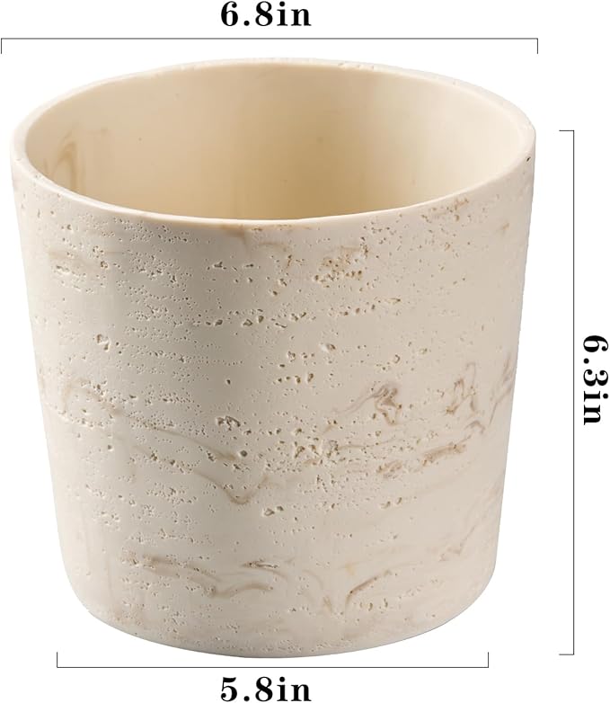 Ekirlin 7 Inch Natural Travertine Textures Plant Pot, Resin Outdoor Planter with Drainage Hole, Removable Rubber Stopper and Non-Slip Soft Pad,Weatherproof Decorative Pot for Indoor/Garden Plants