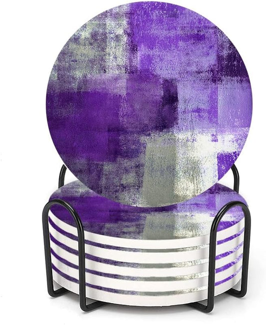 LOKMU Coasters for Drinks,Round Absorbent Ceramic Stone Coaster Sets of 6 with Metal Holder Stand,Purple and Grey Abstract Art Coasters with Cork Base for Coffee Wooden Table,Housewarming Gifts