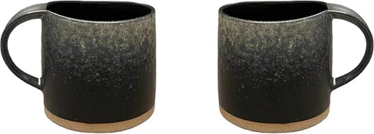 Well Covered & Green Original Night Glazed Ceramic Coffee Mug Set - 2 Vintage Japanese Style Cappucino Coffee Mugs - Stoneware Mug & Matcha Cup Gift Set - 2 x Black, 12oz