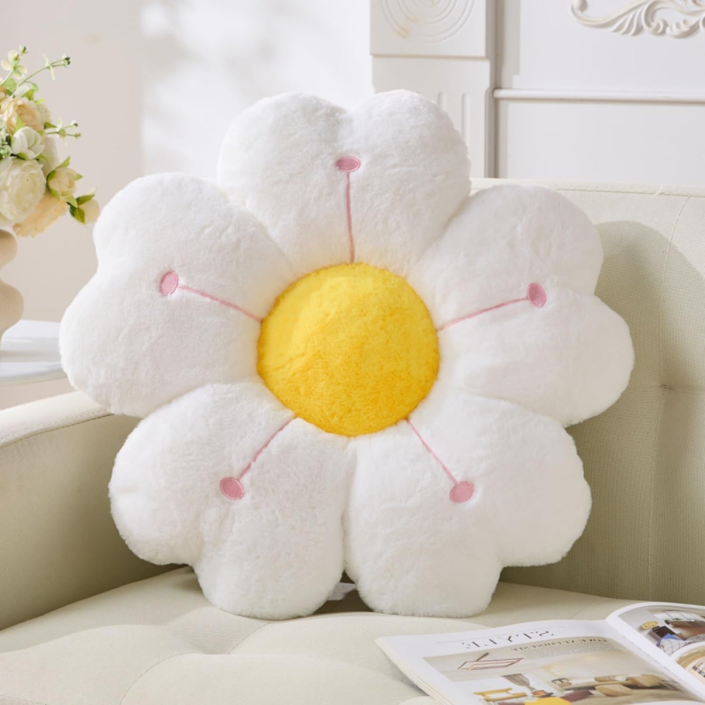 Flower Throw Pillow, Cute Daisy Cherry Blossom Flower Shaped Throw Pillow 15.7In White Floor Cushion for Home Bedroom Sofa Chair Couch Decor