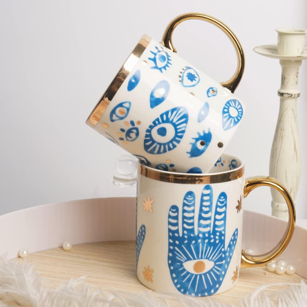 Evil Eye Ceramics Coffee Mugs 12oz Perfect for Cappuccino Latte Tea Beer Hot and cold drinks, Coffee Cups for home and office, Dishwasher Safe (Eyes)