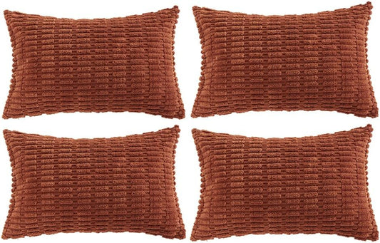 Fancy Homi 4 Packs Rust Long Lumbar Decorative Throw Pillow Covers 14x24 Inch for Living Room Couch Bed, Boho Home Decor, Soft Striped Corduroy Rectangle Accent Terracotta Cushion Case 35x60 cm
