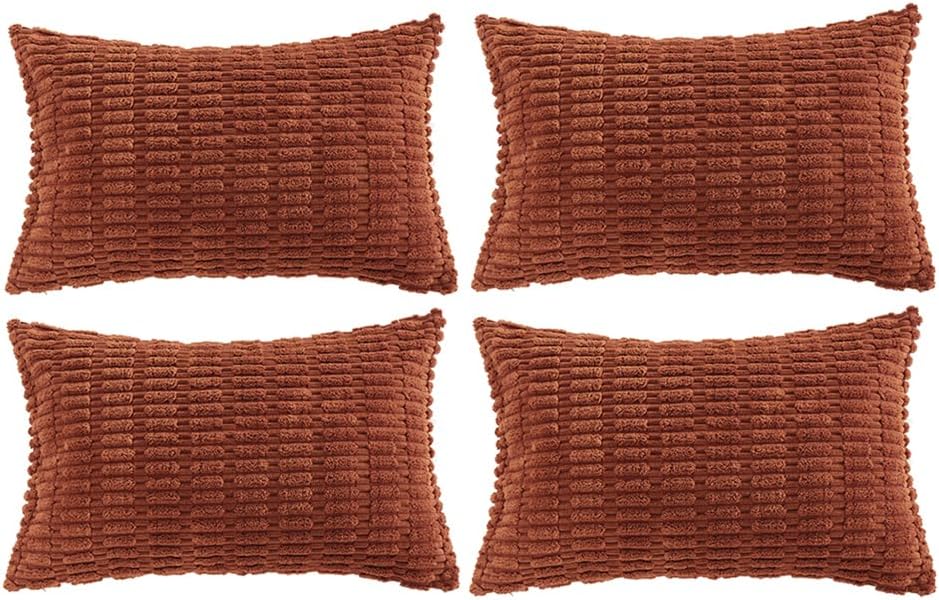 Fancy Homi 4 Packs Rust Decorative Throw Pillow Covers 12x24 Inch for Living Room Couch Bed Sofa, Terracotta Rustic Farmhouse Boho Home Decor, Soft Plush Striped Corduroy Square Cushion Case 30x60 cm