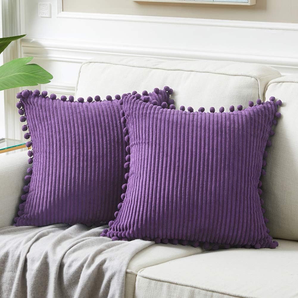 Fancy Homi Pack of 2 Purple Decorative Throw Pillow Covers 20x20 Inch with Pom-poms, Soft Corduroy Solid Square Cushion Cases Set for Living Room Couch Sofa Bedroom Car (20x20 Inch/50x50 cm, Purple)