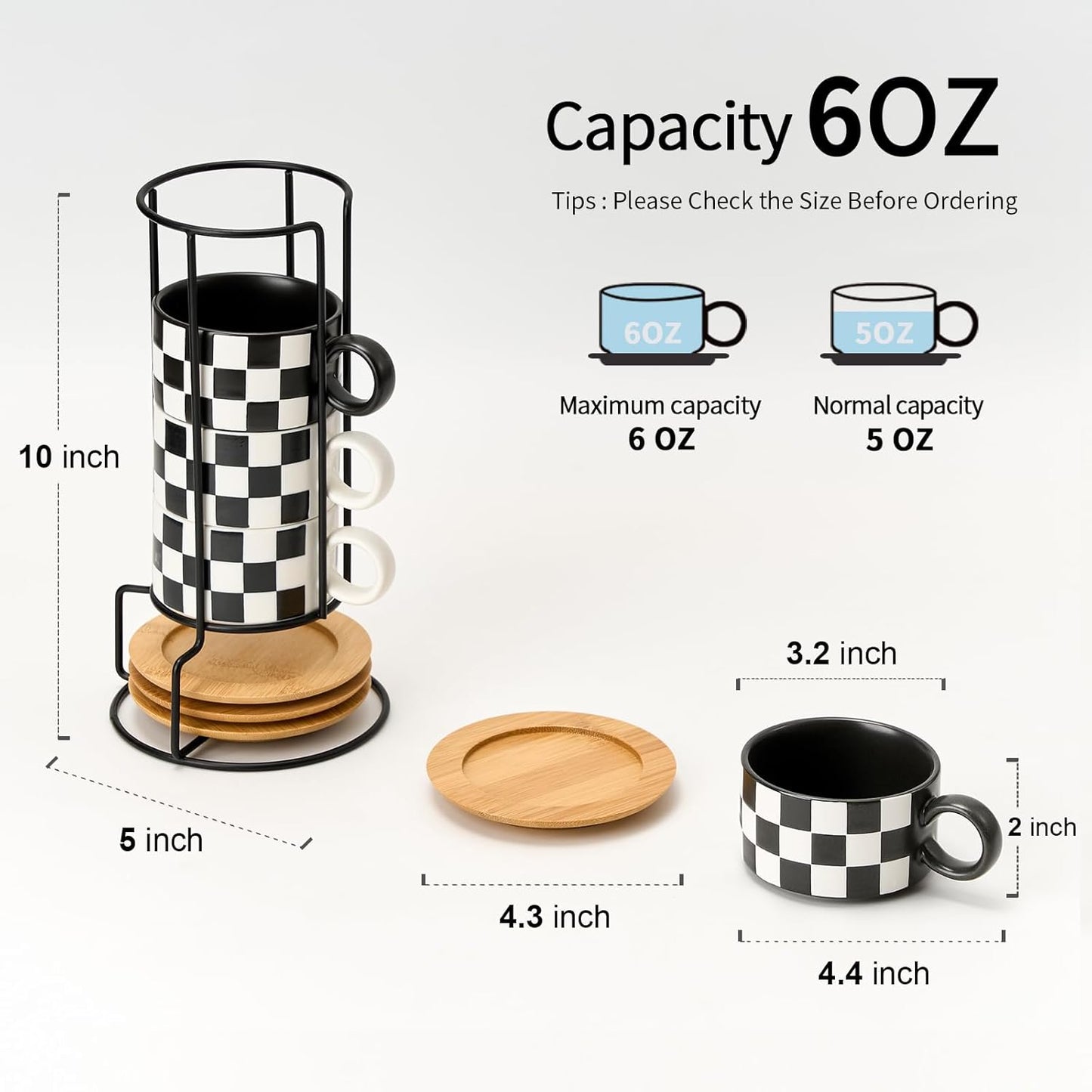 LUKA 6 Ounce Ceramic Stackable Black and White Checkered Espresso Cups with Saucers and Metal Stand Set of 4, Cappuccino Cups Set for Coffee Drinks, Latte, Cafe Mocha and Tea