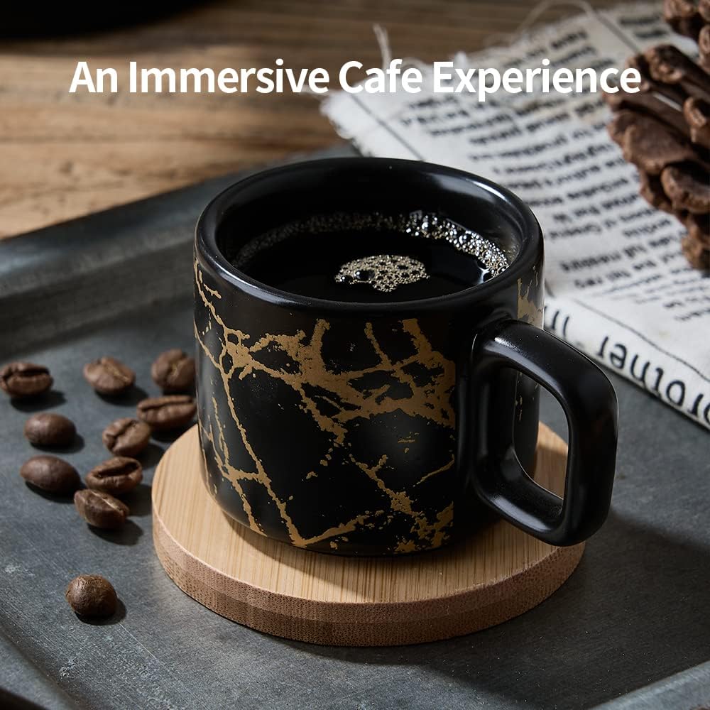 LUKA Porcelain Espresso Cup with Saucer and Metal Stand, 4 Ounce Stackable Ceramic Demitasse Espresso Mugs Cups Set for Latte, Specialty Coffee Drinks, Cafe Mocha - Set of 4, White & Black