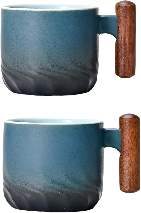 Espresso Cups Set of 2, Small Tea Cups, 2.1oz Ceramic Espresso Cups with Wooden Handle