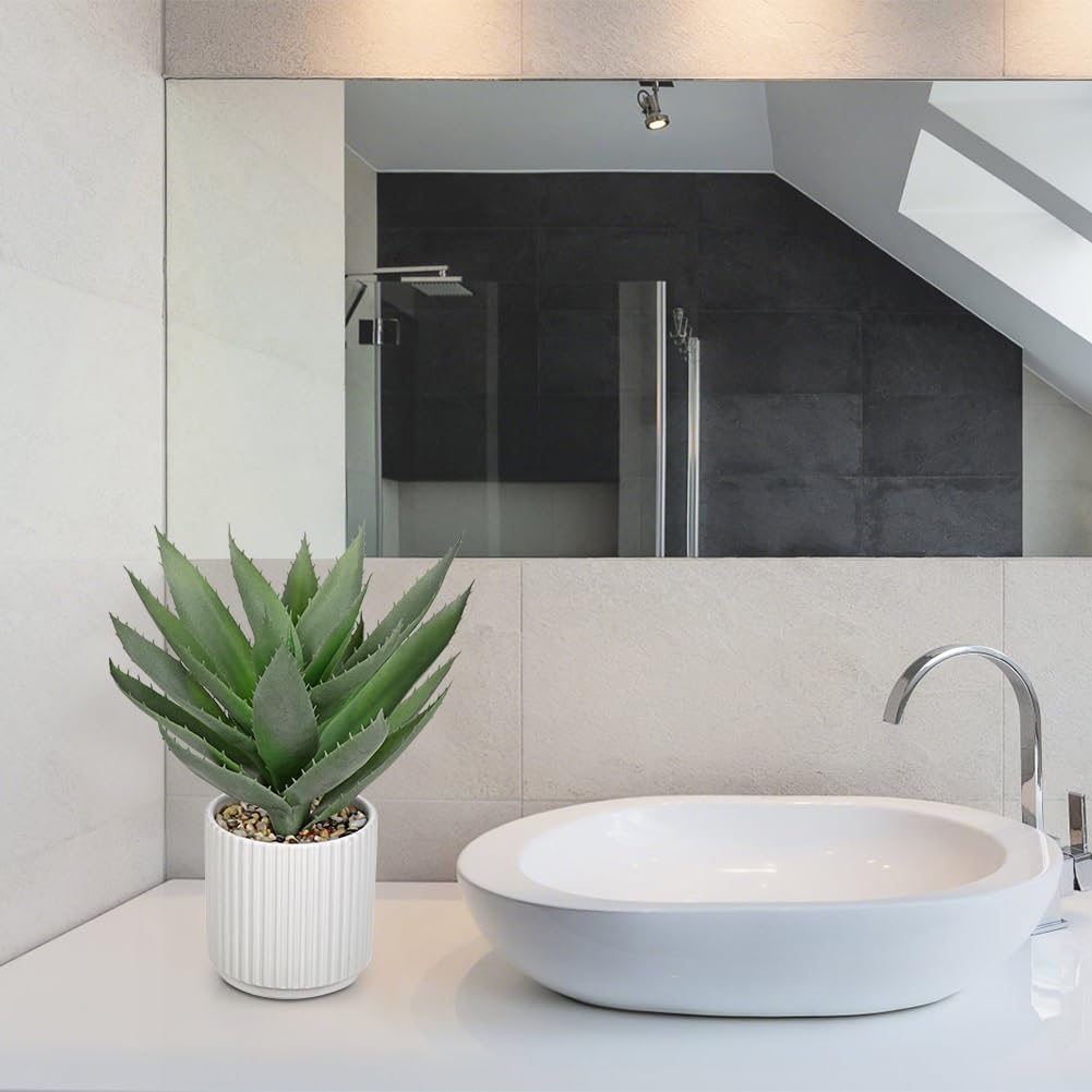 Hollyone Large Artificial Agave Plants 11.8“ Fake Succulents Potted Faux Aloe Vera Plant in White Pot Succulent Agave Plants for Desk Modern Office Living Room Table Shelf Home Indoor Outdoor Decor