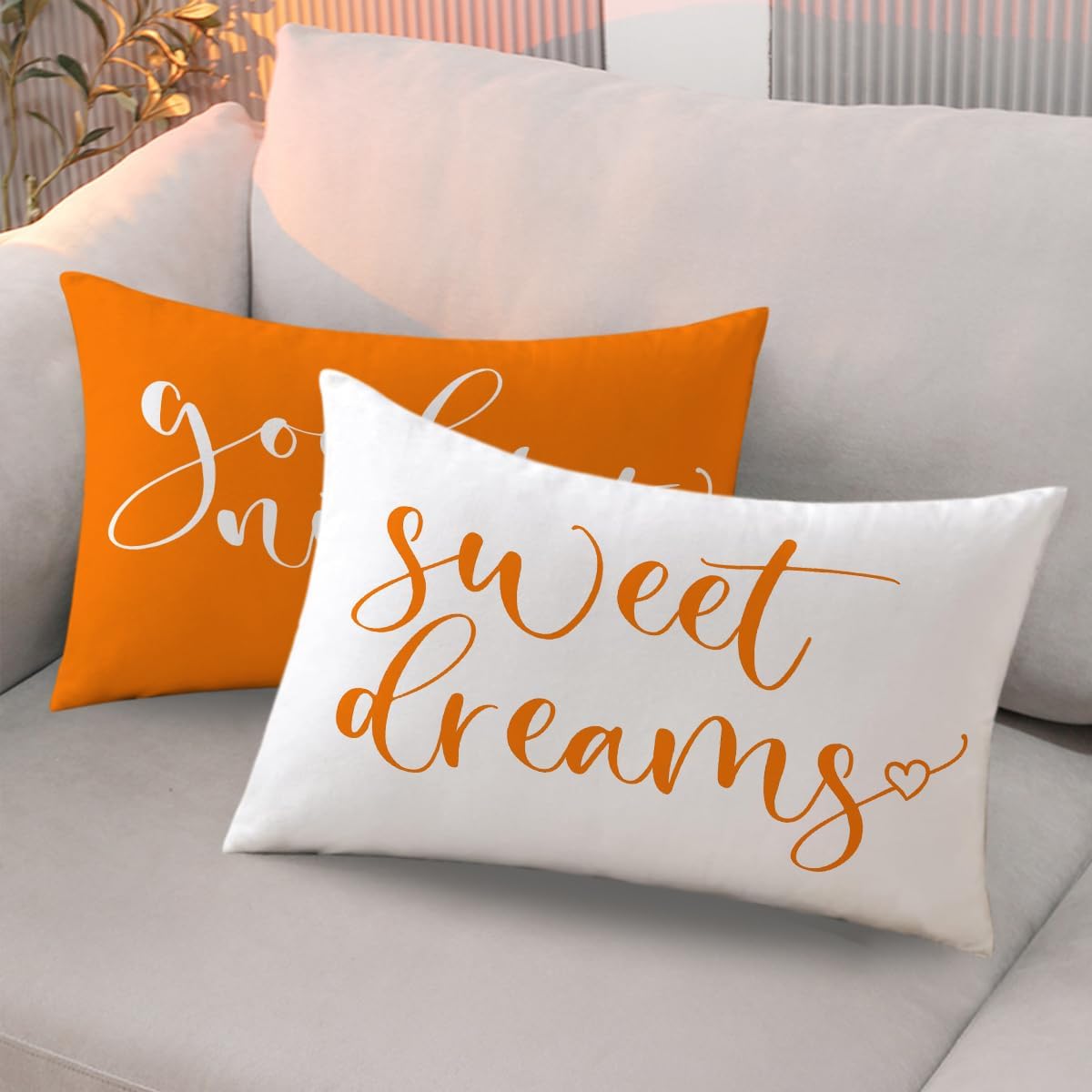 Bedding Decorative Lumbar Pillowcases Sweet Dreams Good Night Cushion Covers Sleep Themed Decorative Throw Pillow Covers 12''x20'',2Pack Super Soft for Bedroom Guest Room Housewarming Gifts (Orange)