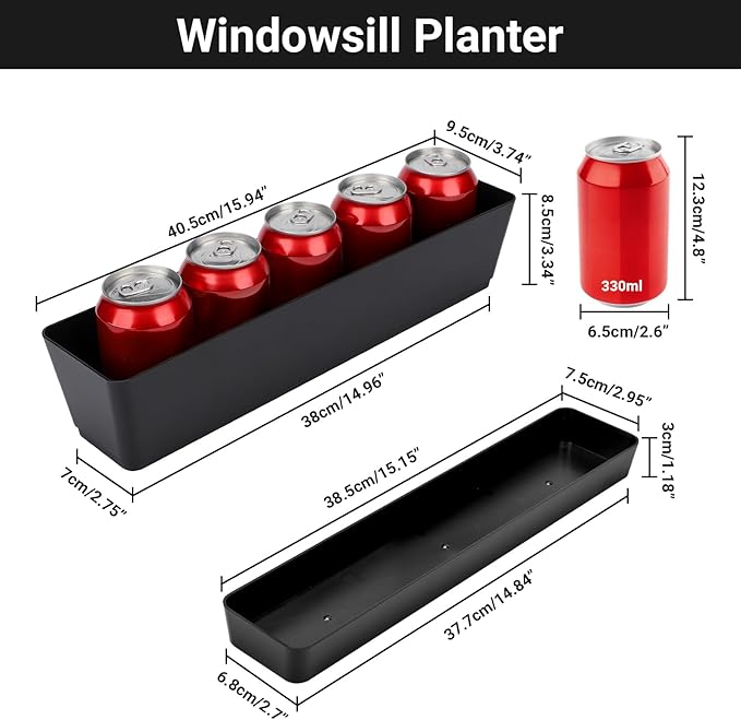 GREANER 16x3.8 Inch Herb Window Boxes 1PCS, Black Planter with Removable Trays and Drainage Holes, Succulent Flower Rectangular Plastic Pot for Balcony, Office, Windowsill, Garden, Indoor Outdoor Use