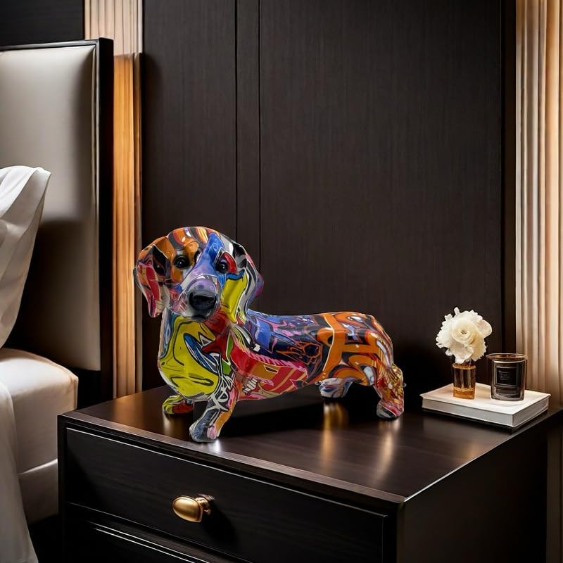 FUNSXBUG Colorful Dachshund Dog Statue Art Figurines Sculpture Collectibles Home Office Desktop Decor Outdoor Garden Display Decoration (Dachshund Dog 1)