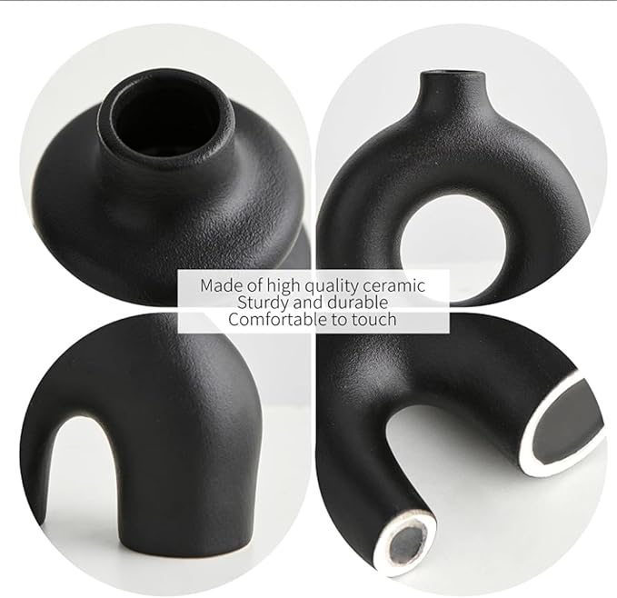 White Ceramic Vases Set of 3, Minimalist Nordic Modern Style, Round Donut Vase for Dried Flowers, Pampas Grass & Fresh Blooms,Boho Home Decor for Table Shelf Living Room Office (Black)
