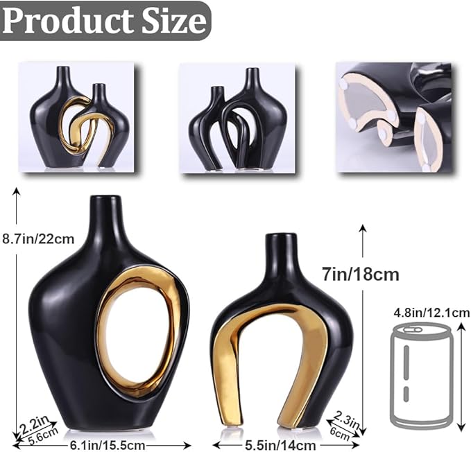 Black and Gold Hollow Ceramic Vase Set of 2, Modern Nordic Boho ins Style Aesthetic Decorative Flower Vase for Home Decor, Wedding, Living, Bedroom, Dining Table, Shelf, Mantle, Office Decor