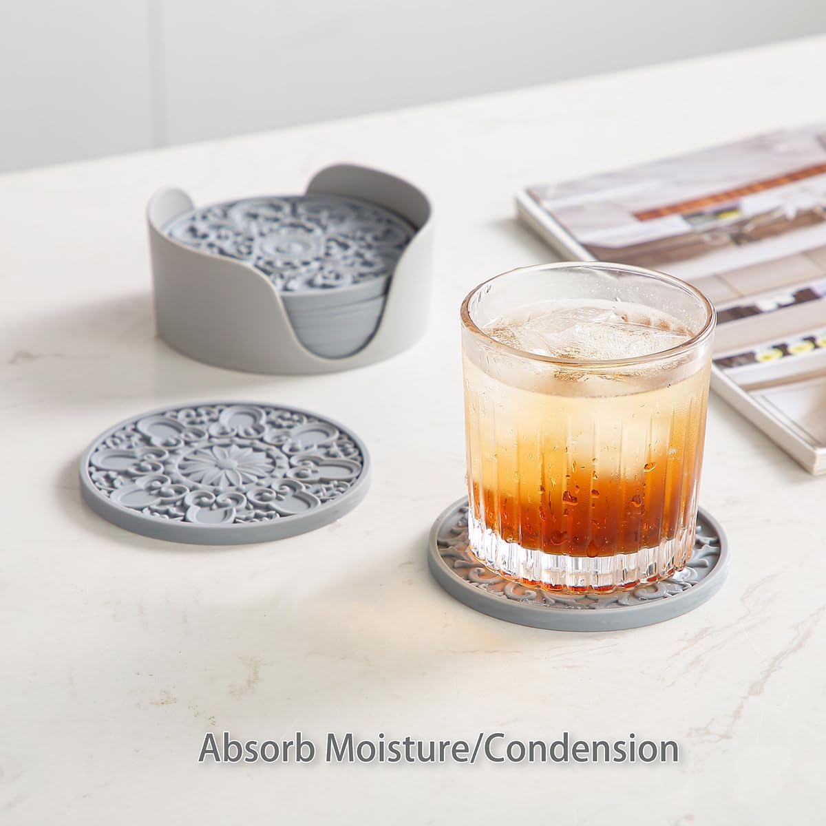 Colinda Silicone Coasters - Set of 6 with Holder, Non-Slip Cup Mats for Hot and Cold Drinks, Decorative Designs, Gift Ready Packaging, Navy Blue