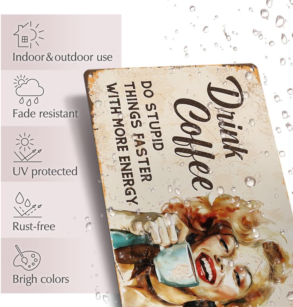 Funny Vintage Home Office Coffee Bar Decor - Drink Coffee Do Stupid Things Metal Tin Sign 12"x8"