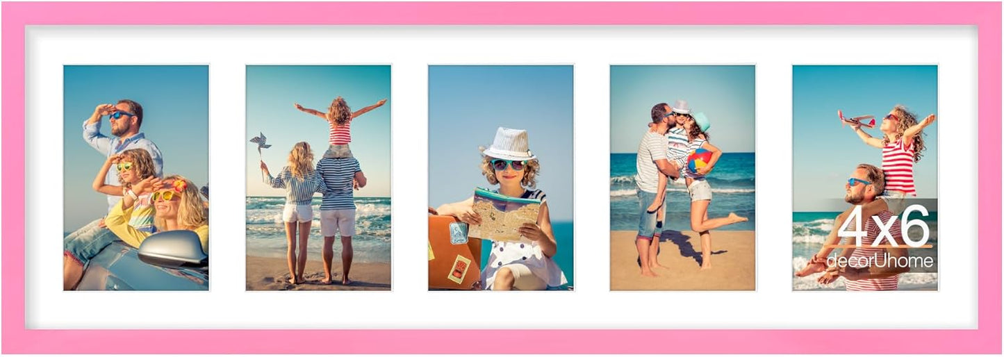decorUhome 8x24 Picture Frames Collage Wall Decor, Display 5Pcs 4x6 Photos with Mat or 1Pcs 8x24 Unmatted, 5 4x6 Collage Picture Frames for Wall Mounting, Pink
