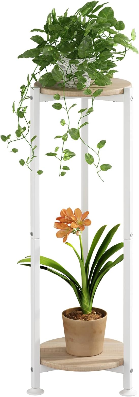 Plant Stand Indoor Corner Tall 2 Tier Metal Modern Flower Storage Plant Shelf Holder for Living Room Balcony Garden,White (2 Tier-White Round)